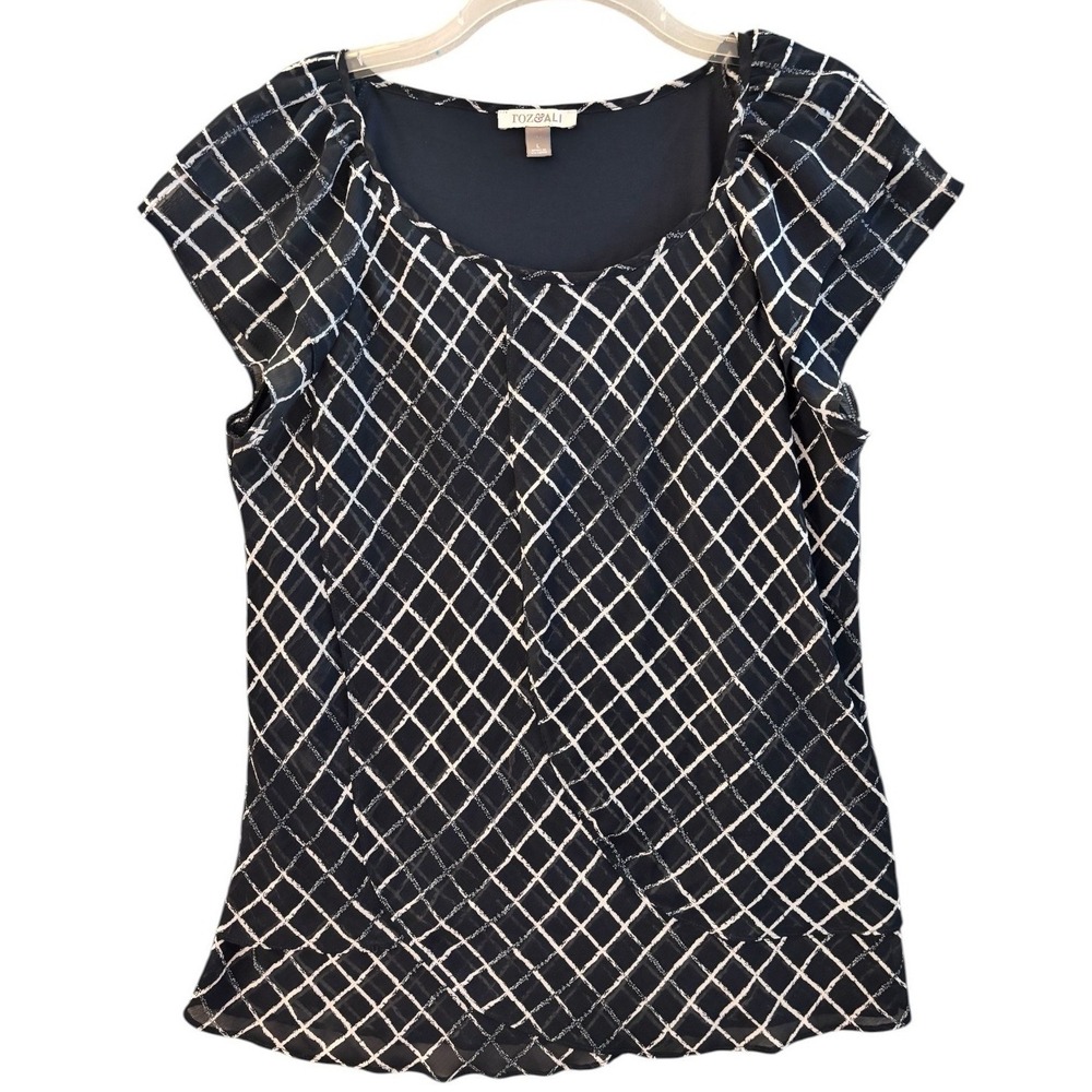 Roz & Ali Blouse Womens L Black White Grid Ruffle Front Sheer Overlay Career Top